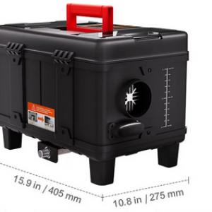 8 kW teljesítményű, DC 12–24 V kompatibilis dízel légfűtőberendezés ≥96% hatásfokkal, 0,18–0,4 l/óra fogyasztással, beépített CO-riasztóval és Bluetooth vezérléssel