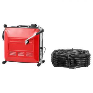 850 W-os elektromos lefolyó- és csőtisztító gép, Ø 50–200 mm, acélrugós kábelekkel és 11 vágófejjel
