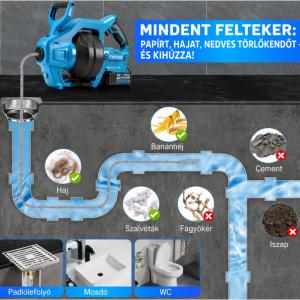 Akkumulátoros csőtisztító gép, lefolyótisztító  7,6 m-es spirállal, 2 db akkumulátorral – 19–85 mm átmérőjű lefolyókhoz, 18 V, 650 fordulat/perc