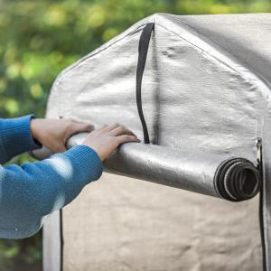 Alumínium motorgarázs, kerékpártároló 1,20 × 1,76 m – kb. 2,1 m², UV-álló PE ponyvával és viharvédelmi rögzítéssel