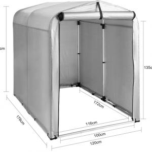 Alumínium motorgarázs, kerékpártároló 1,20 × 1,76 m – kb. 2,1 m², UV-álló PE ponyvával és viharvédelmi rögzítéssel