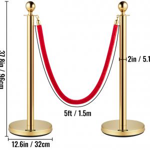 Arany színű bársony köteles tömegirányító oszlopkészlet – 4 db, 96 cm, piros flanel kötéllel (1,5 m)