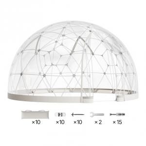 Átlátszó buboréksátor, kerti iglu-, kupola- és gömbsátor 4,6 m átmérővel, 10–14 személyes kivitelben, 360°-os panorámával, vízálló PVC borítással és időjárásálló szerkezettel