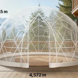 Átlátszó buboréksátor, kerti iglu-, kupola- és gömbsátor 4,6 m átmérővel, 10–14 személyes kivitelben, 360°-os panorámával, vízálló PVC borítással és időjárásálló szerkezettel