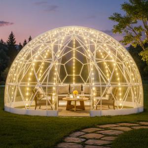 Átlátszó buboréksátor, kerti iglu-, kupola- és gömbsátor 4,6 m átmérővel, 10–14 személyes kivitelben, 360°-os panorámával, vízálló PVC borítással és időjárásálló szerkezettel