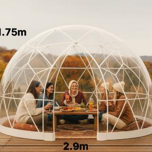 Átlátszó buboréksátor, kerti iglu- és kupolasátor 2,9 × 1,73 m, 2–4 személyes kivitelben, 360°-os panorámával, vízálló PVC borítással és időjárásálló szerkezettel