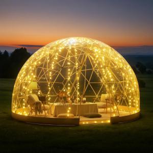 Átlátszó buboréksátor, kerti iglu- és kupolasátor 2,9 × 1,73 m, 2–4 személyes kivitelben, 360°-os panorámával, vízálló PVC borítással és időjárásálló szerkezettel