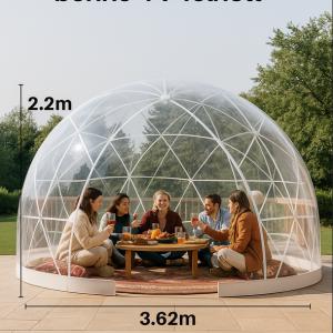 Átlátszó buboréksátor, kerti iglu- és kupolasátor 3,6 m átmérővel, 4–7 személyes kivitelben, 360°-os panorámával, vízálló PVC borítással és időjárásálló szerkezettel