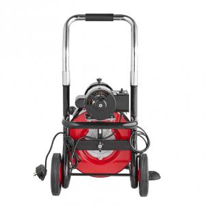 Automatikus adagolású, 550 W-os lefolyótisztító gép, csőtisztító 30 m × 12,7 mm kábellel, kerekes kivitelben, 8 vágófejjel és levegővel működtetett lábkapcsolóval, 50–100 mm csövekhez