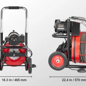 Automatikus adagolású, 550 W-os lefolyótisztító gép, csőtisztító 30 m × 12,7 mm kábellel, kerekes kivitelben, 8 vágófejjel és levegővel működtetett lábkapcsolóval, 50–100 mm csövekhez