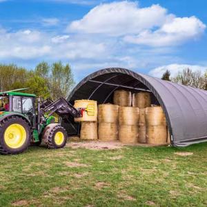 Csarnoksátor hangársátor mezőgazdasági ívelt sátor 9,15x10m ponyva tűzálló PVC sötétzöld, statikai csomaggal(91,50 m²)