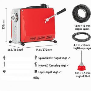 Csőtisztító gép ipari lefolyótisztító duguláselhárító gép motor 390 W, Ø 50–110 mm, 6 vágófej, rugós kábelek: 8 m×9,5 mm / 12 m×16 mm / 4,5 m×16 mm