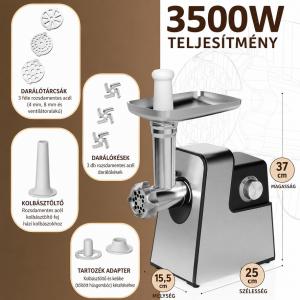 Elektromos húsdaráló 3500 W  4 az 1-ben – rozsdamentes acél darálótárcsákkal, késekkel és kolbásztöltővel, teljesítémény 4kg/perc
