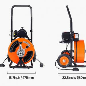 Elektromos lefolyótisztító gép 15 m × 12,7 mm spirállal – automata adagolású 1500 ford/perc motorral, 4 vágófejjel és lábkapcsolóval, 50–100 mm csövekhez