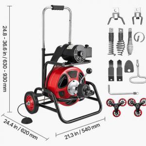 Elektromos lefolyótisztító gép 30 m × 12,7 mm spirállal – automata csatornafúró 1400 ford/perc motorral, állítható dobbal és 8 vágófejjel, 50–150 mm csövekhez