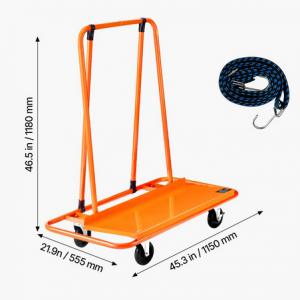 Gipszkarton szállítókocsi – 816 kg teherbírású, masszív acél panelkocsi 4 forgókerékkel, rögzítőpánttal rétegelt lemezhez, gipszkartonhoz és üveghez, narancssárga színben