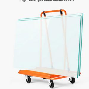 Gipszkarton szállítókocsi – masszív acél panelkocsi 4 forgókerékkel, rögzítőpánttal rétegelt lemezhez, gipszkartonhoz és üveghez, narancssárga színben