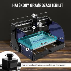 Gravírozógép 300×180×45 mm – CNC Router CNC 3018 Pro 15W Lézergravírozó, GRBL vezérlésű 3 tengelyes gép offline vezérlővel, műanyag, akril, PVC és fa megmunkálásához