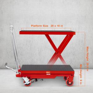 Hidraulikus emelőasztal kocsi 230 kg teherbírású  – kézi, egyollós, 72 cm emelési magasság, csúszásgátló felület, 4 kerék, piros