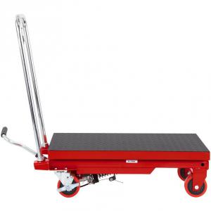 Hidraulikus emelőasztal kocsi 230 kg teherbírású  – kézi, egyollós, 72 cm emelési magasság, csúszásgátló felület, 4 kerék, piros