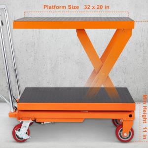 Hidraulikus emelőasztal kocsi 500 kg teherbírású – kézi, egyollós kivitel, 90 cm emelési magasság, 4 kerék, csúszásgátló felület, anyagmozgatáshoz és szállításhoz