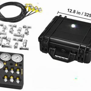 Hidraulikus nyomásmérő készlet, 5 mérőműszer, 13 csatlakozó, 14 T-csatlakozó, 5 tömlő, rozsdamentes acél, 325x305x115mm