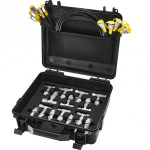 Hidraulikus nyomásmérő készlet, 5 mérőműszer, 13 csatlakozó, 14 T-csatlakozó, 5 tömlő, rozsdamentes acél, 325x305x115mm