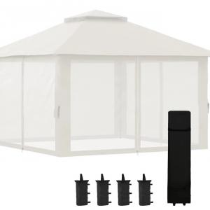 Hollywood összecsukható kerti pavilon és pergola 4 × 4 × 3 m, krémfehér kivitelben, szellőzőtetővel, levehető hálós függönyökkel, 3 fokozatban állítható lábakkal, 4 db homokzsákkal és  hordozótáskával
