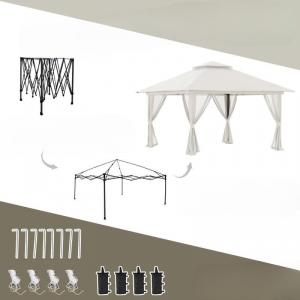 Hollywood összecsukható kerti pavilon és pergola 4 × 4 × 3 m, krémfehér kivitelben, szellőzőtetővel, levehető hálós függönyökkel, 3 fokozatban állítható lábakkal, 4 db homokzsákkal és  hordozótáskával