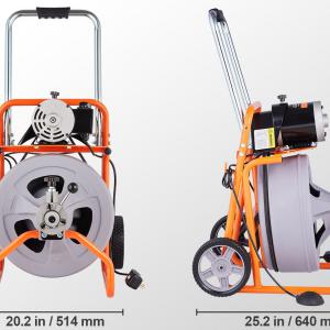 Ipari csőtisztító gép, csőgörény 22,8 méter x 12,7 mm-es spirállal, automatikus adagolóval, kerekekkel és 8 cserélhető vágófejjel