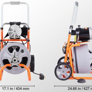 Ipari csőtisztító gép, csőgörény 22,8 méter x 9,5 mm-es spirállal, automatikus adagolóval, kerekekkel és 8 cserélhető vágófejjel