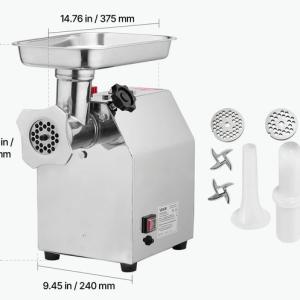 Ipari elektromos húsdaráló és kolbásztöltő, 850 W, 180 kg/óra, 3,2 kg/perc, 12-es darálófej, rozsdamentes acél, 6 és 8 mm-es darálótárcsákkal