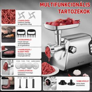 Ipari húsdaráló 3000 W-os  3 sebességfokozattal, kolbásztöltő és Kibbe készlettel – #12 méret, 3,2 kg/perc teljesítmény