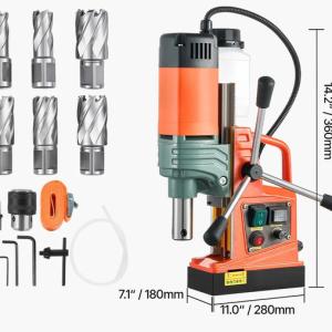 Ipari mágneses fúrógép 1450 W, 50 mm magfúrási átmérő, 13 000 N mágneses tartóerő, változtatható fordulatszám, 6 db magfúróval