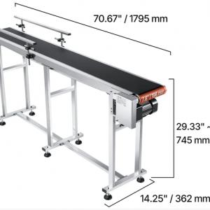 Ipari PVC szállítószalag rozsdamentes acél vázzal, 2 db védőkorláttal, kétirányú változtatható sebességgel, 180 × 20 cm