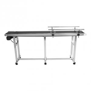 Ipari PVC szállítószalag rozsdamentes acél vázzal, 2 db védőkorláttal, kétirányú változtatható sebességgel, 180 × 20 cm