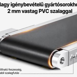 Ipari PVC szállítószalag rozsdamentes acél vázzal, 2 db védőkorláttal, kétirányú változtatható sebességgel, 180 × 20 cm