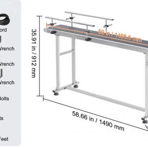 Ipari rozsdamentes acél szállítószalag PVC szalaggal – 150 x 40 cm, 45 kg teherbírás, kétirányú változtatható sebesség