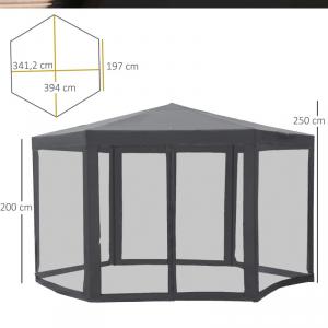 Kerti pavilon 4x4m  hatszögletű kialakítás, hálós függönyök, vízlepergető szürke