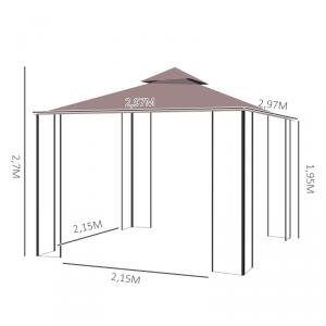 Kerti pavilon porfestett acél vázzal és vízlepergető duplatetővel – 2,97 × 2,97 m, rovarhálóval, barna-fehér-fekete