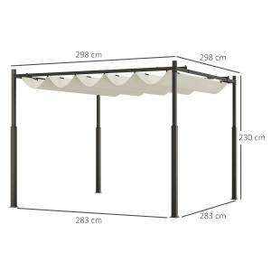 Kerti pergola 3 × 3 m, krémfehér, kihúzható sínrendszeres tetővel, mágneszáras rögzítéssel, UPF 30+ UV-védelmű PA-bevonatú poliészter ponyvával és megerősített porfestett acélvázzal