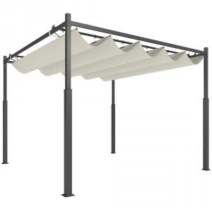 Kerti pergola 3 × 3 m, krémfehér, kihúzható sínrendszeres tetővel, mágneszáras rögzítéssel, UPF 30+ UV-védelmű PA-bevonatú poliészter ponyvával és megerősített porfestett acélvázzal