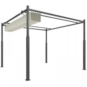 Kerti pergola 3 × 3 m, krémfehér, kihúzható sínrendszeres tetővel, mágneszáras rögzítéssel, UPF 30+ UV-védelmű PA-bevonatú poliészter ponyvával és megerősített porfestett acélvázzal