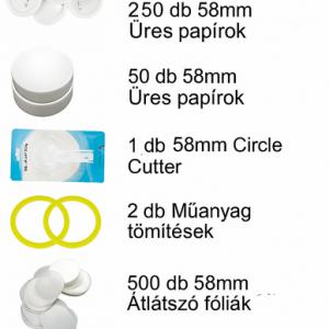 Kitűző készítő gép – Gombkészítő gép – 58 mm  jelvénylyukasztó és préskészlet, 500 db gombalkatrésszel, körkivágóval
