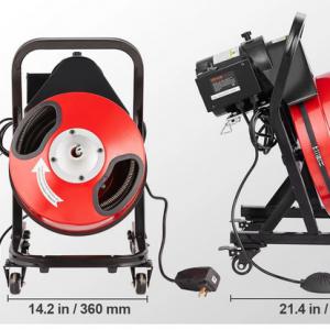 Lefolyótisztító gép 15 m × 12,7 mm – kézi adagolású csőgörény kerekekkel, 4 vágóval, lábkapcsolóval, kerekekkel 50–100 mm csövekhez