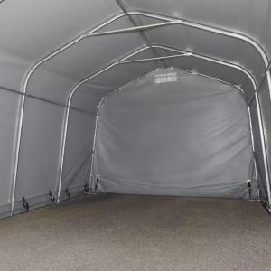 Mobilgarázs, ponyvagarázs 3,3 × 4,8 m – 15,84 m², szürke PVC ponyvával, padlóvázzal és professzionális horganyzott acélszerkezettel