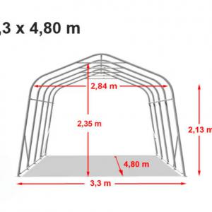 Mobilgarázs, ponyvagarázs 3,3 × 4,8 m – 15,84 m², szürke PVC ponyvával, padlóvázzal és professzionális horganyzott acélszerkezettel