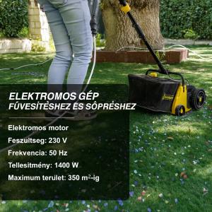 Műfűseprű– 1 400 W teljesítmény, hálózati működés, 32 cm munkaszélesség, forgatható karos fogantyú, 25 literes gyűjtőzsák.