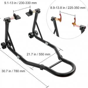 Nagy teherbírású hátsó motorkerékpár-állvány – 390 kg terhelhetőség állítható villafejek 225–350 mm megerősített acélszerkezet gyors emelés görgőkkel