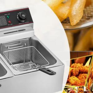 Olajsütő – 2 × 6 literes kapacitás, összesen 5000 W teljesítmény, független hőmérséklet-szabályozás, rozsdamentes acél kivitel
